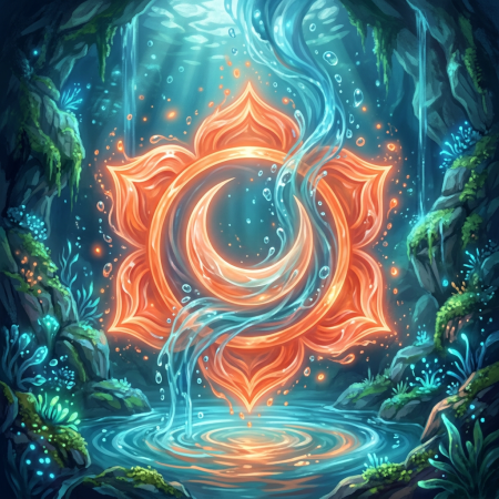 Glowing lotus symbol with fiery orange petals and swirling water in a tranquil cave pond