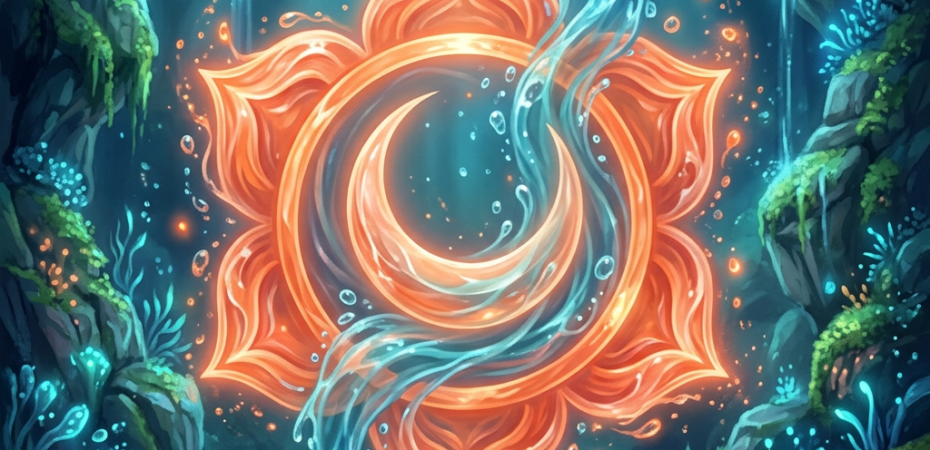 Glowing lotus symbol with fiery orange petals and swirling water in a tranquil cave pond
