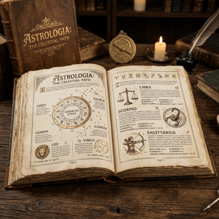 Open old astrology book showing zodiac cycle, Aries to Sagittarius signs and descriptions