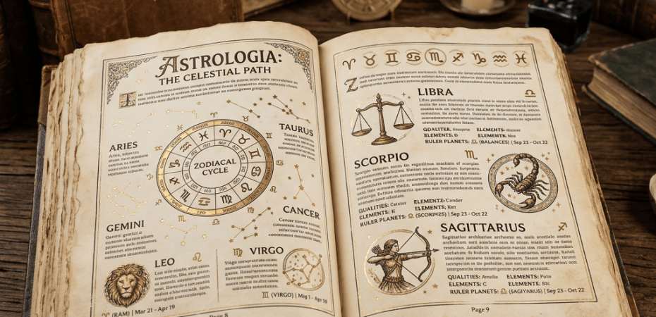 Open old astrology book showing zodiac cycle, Aries to Sagittarius signs and descriptions